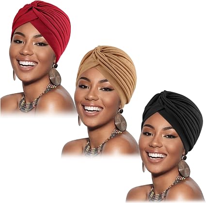 African Turban Head Wrap - Pre-Tied Twisted Beaded Braid Hat For Black Women, Chemo Cap, Night Bonnet, Silk-Like Stretchable Headwear
