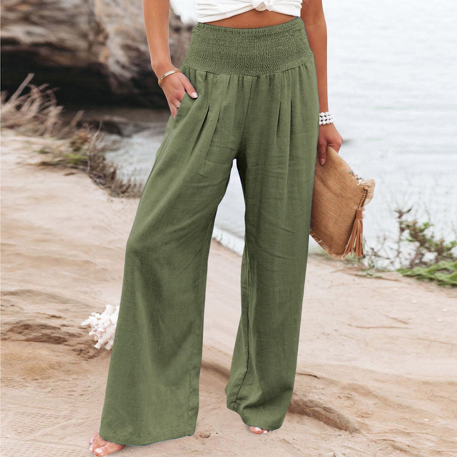 Pantalon Femme, Décontracté Pour, Taille Haute, Jambes Larges, Extensible, Couleur Unie, Avec Poches, Anti-taches Efficace