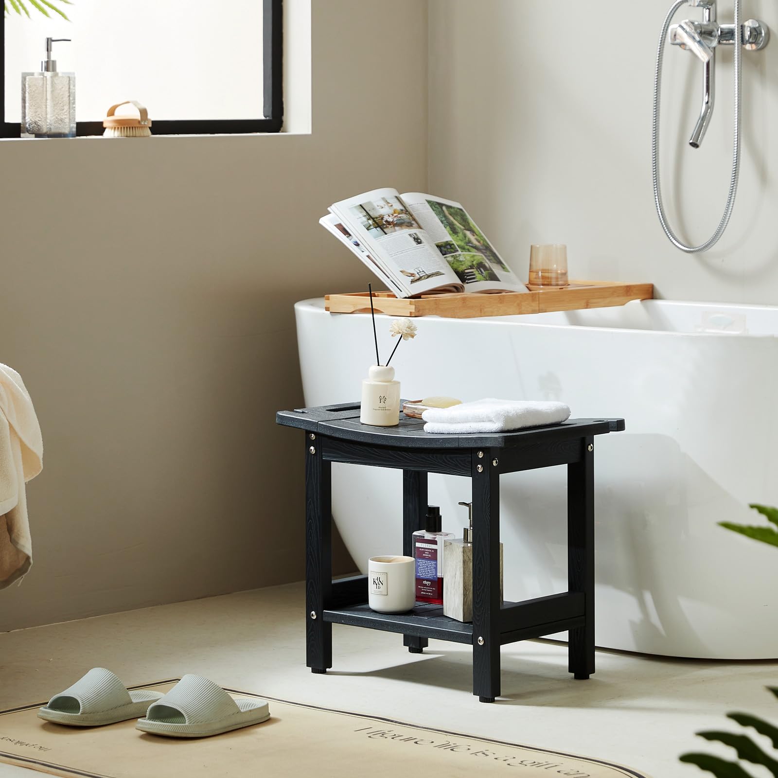 Banco de ducha, sillas de baño de ducha, taburete de spa para baño, asientos de ducha de madera de polietileno con soporte de cabezal de ducha. Bancos de ducha para ducha interior, taburetes