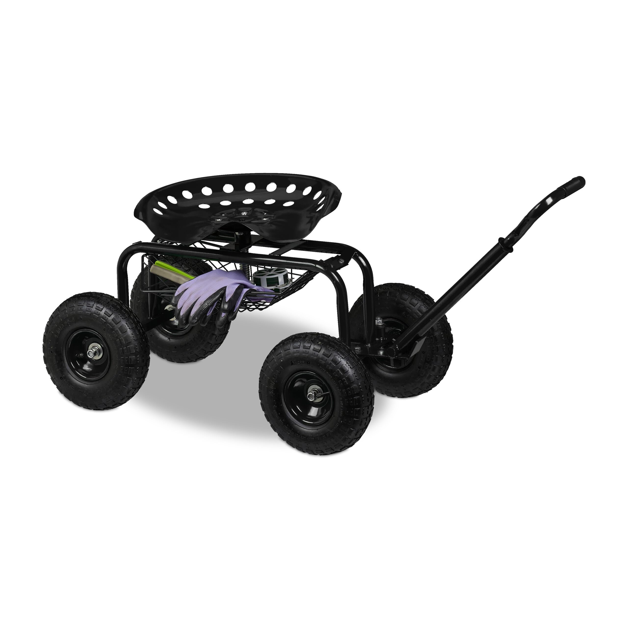 Relaxdays fahrbarer Gartensitz, höhenverstellbar, 150 kg, Stauraum, Rollsitz Gartenarbeit, Stahl, Luftreifen, schwarz