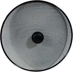 Tampa Anti-Respingo para Fritura em Tela Metálica de Aço Inoxidável, Preta, Redonda, 29cm, com Pegador Central