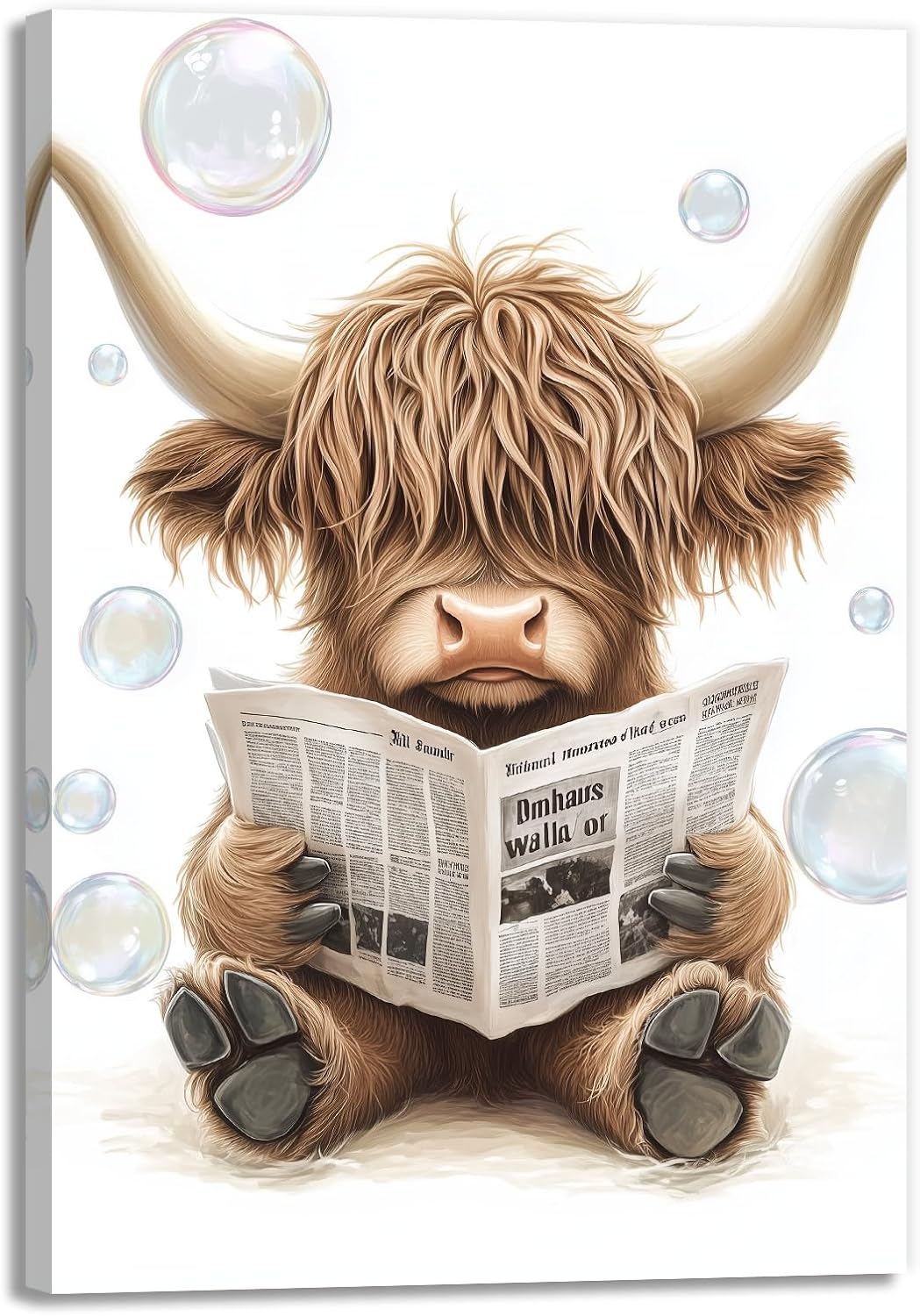 Highland Cow Canvas Wall Art Bathroom Decor Funny Animal Reading Newspaper Pictures Print Framed Wall Decor(Artwork-1,12"x18")