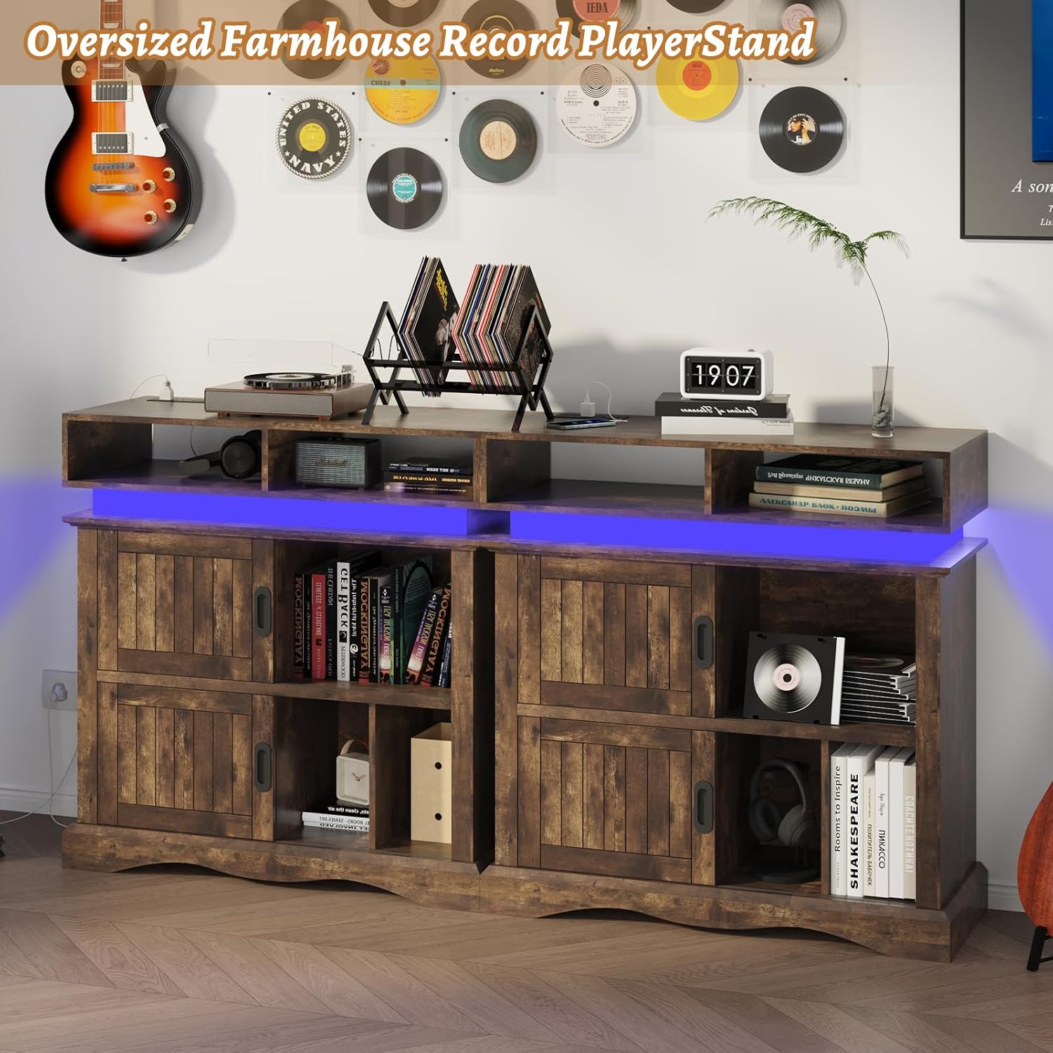 St.Mandyu Record Player Stand with Sliding Doors, 15.7" D x 39.4" W x 40" H Record Storage Cabinet with Charging Station Holds Up to 450 Albums, Vinyl Display Shelf for Living Room, Brown