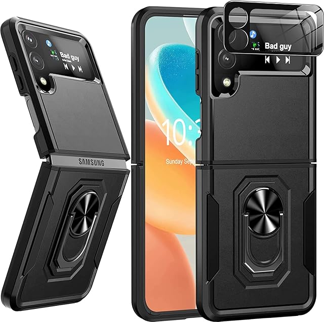 Oterkin for Samsung Galaxy Z Flip 4 Case,[4 in 1] Z Flip 4 Case with[9H HD Camera Lens Protector][360 ° Rotatable Stand Ring][10FT Military Grade Protection] Phone Case for Galaxy Z Flip 4 5G black