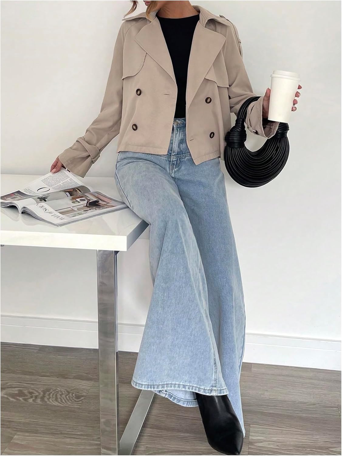 GORGLITTER Women's Cropped Trench Coat Double Breasted Lapel Collar Short Jackets Business Casual Fall Outfits - Image 5