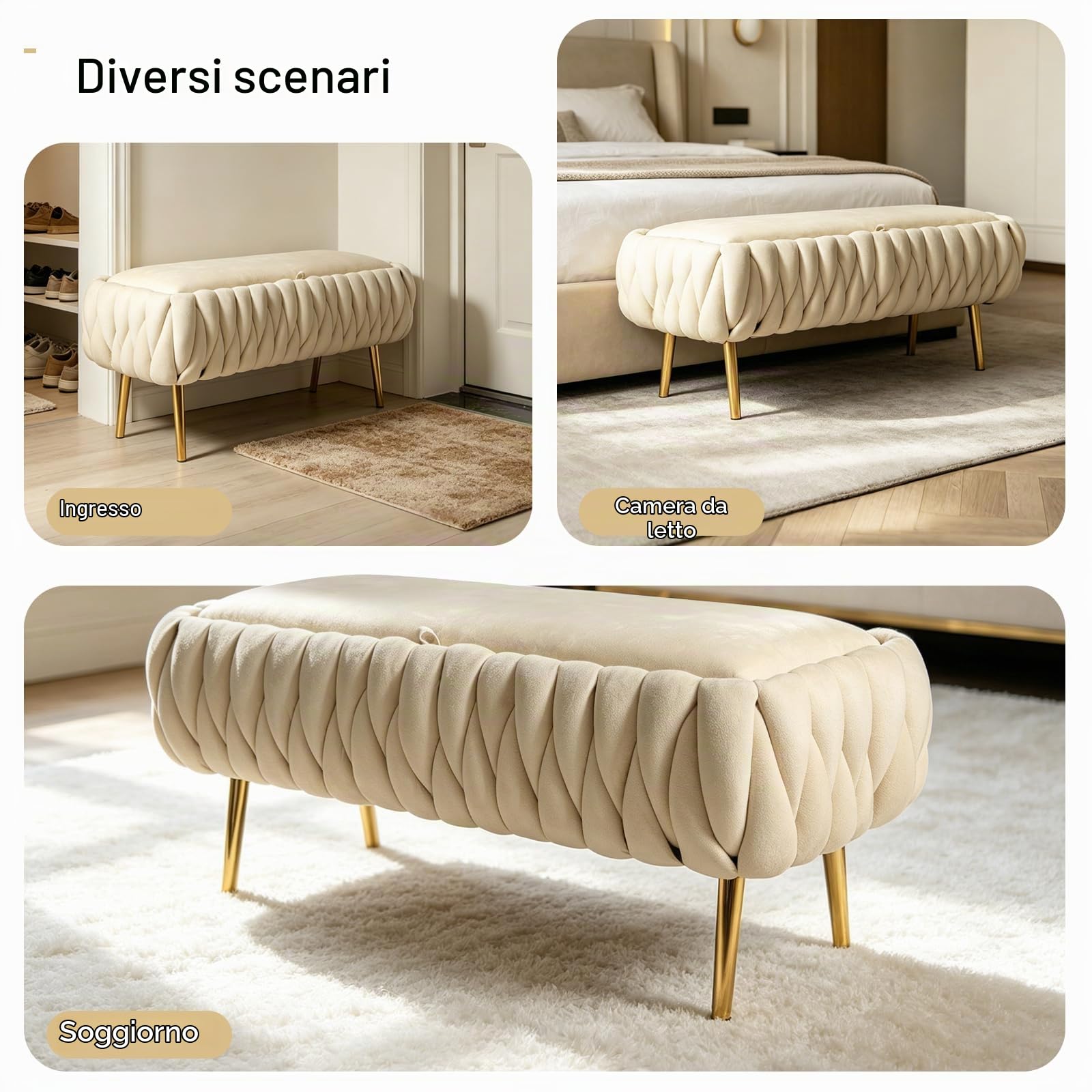 Panca Contenitore Ingresso, Panca Camera da Letto in Velluto con Gambe in Metallo, Portata 300 Kg, Panca Fondo Letto Moderna per Ingresso, Corridoio e Soggiorno 105 X 44 X 44 CM (Beige)