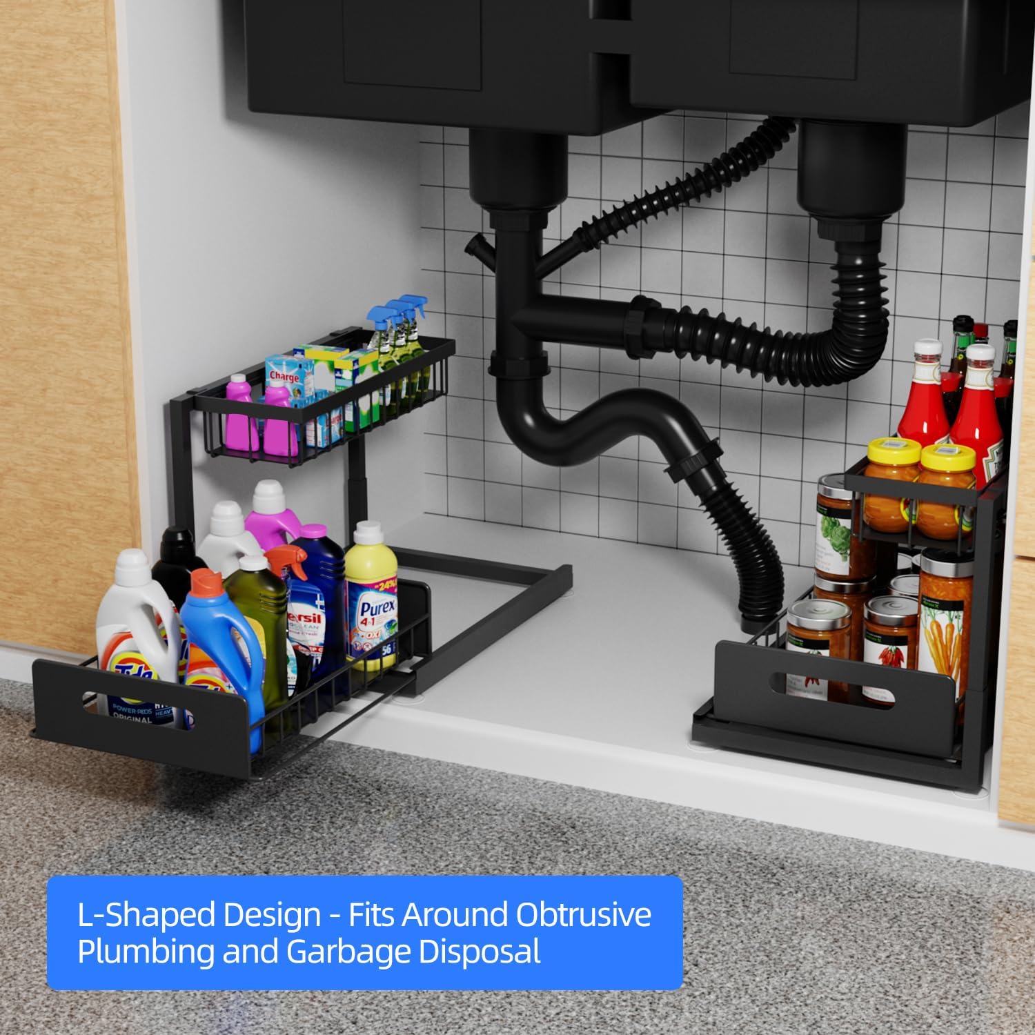 2-Tier Under Sink Slide Out Organizer, 2 Pack Pull Out Cabinet Storage Shelf with Sliding Wire Basket Drawer for Bathroom Kitchen, Countertop or Pantry Shelf, Black
