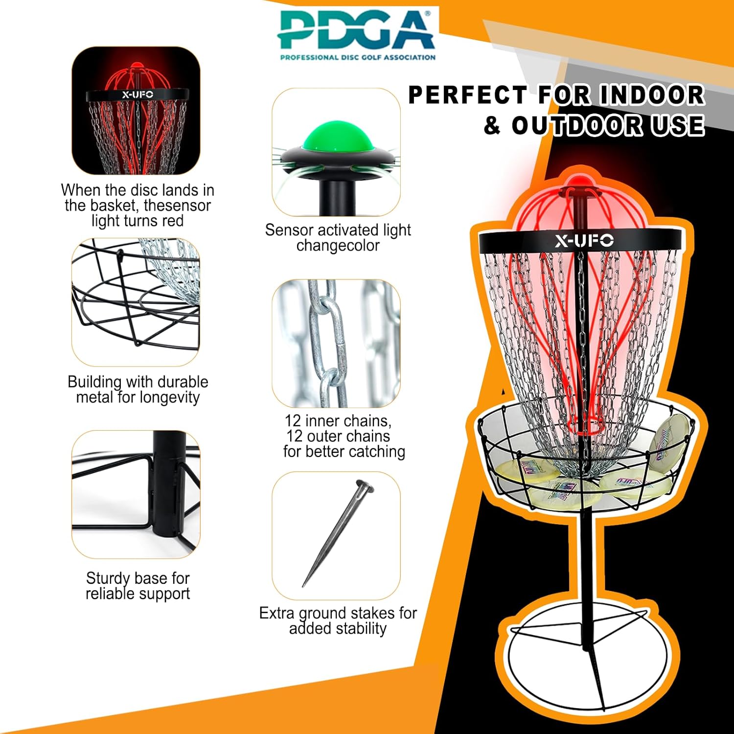 Portable Disc Golf Basket with 24 Chains and LED Sensor Lights for Night Practice - Stable Pole Base/12 Light Guide Strips