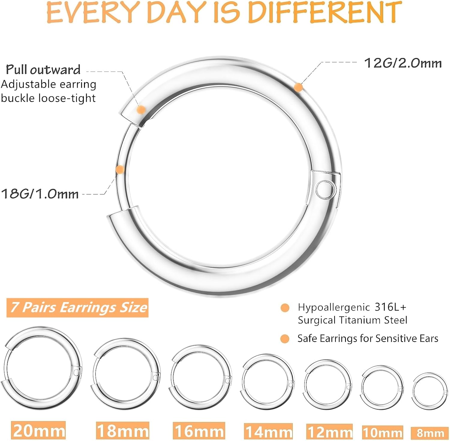 Stud Hoop Earrings Set 7 Pairs Hypoallergenic Cubic Zirconia Titanium Stainless Steel Silver Rose Gold Black 2-8mm CZ Cartilage Helix Flatback Ball Stud Hinged Sleeper Hoop Earrings Sets for Women Men - Image 2