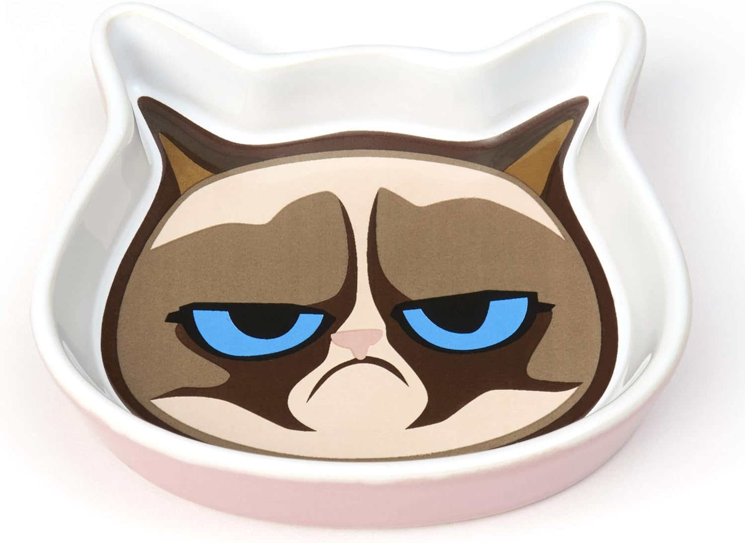 PetRageous G16091 Grumpy Cat Shallow Dishwasher Safe Cat Face Stoneware Saucer 4.75-Inch Wide 4.25-Inch Long 1-Inch Tall 4-Ounce Capacity Great for Cats with Cat Face Logo, Pink
