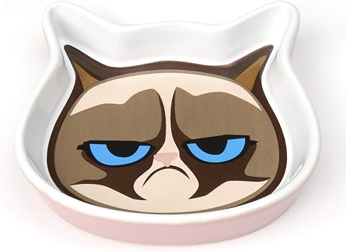 Petrageous G16091 Grumpy Cat Shallow Dishwasher Safe Cat Face Stoneware Saucer 4.75-Inch Wide 4.25-Inch Long 1-Inch Tall 4-Ounce Capacity Great For Cats of All Sizes With Cat Face Logo, Pink