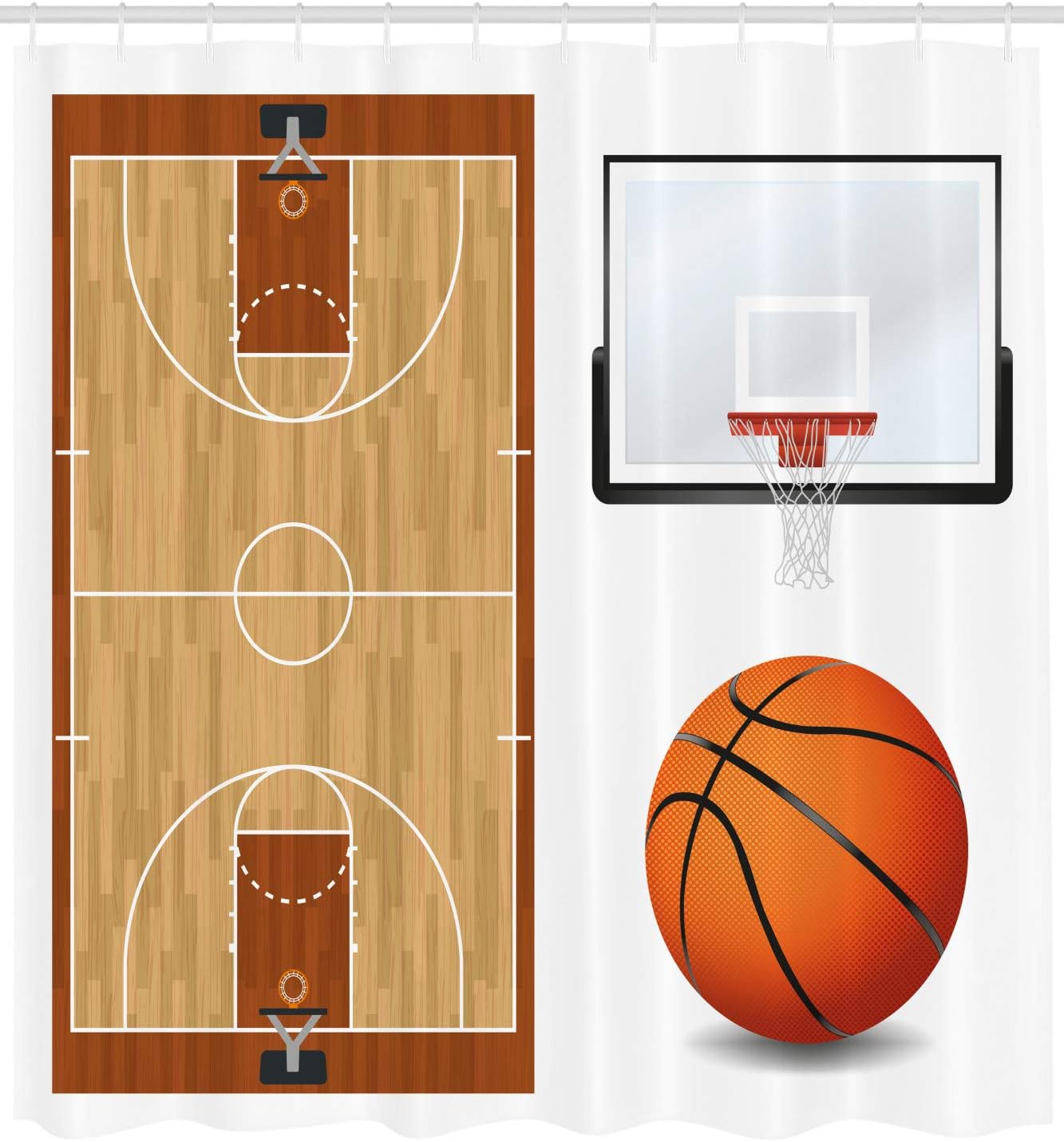 Lunarable Sports Shower Curtain, Basketball Court Backboard Illustration Realistic Sports Themed, Cloth Fabric Bathroom Decor Set with Hooks, 69" W x 75" L, Pale Brown Orange