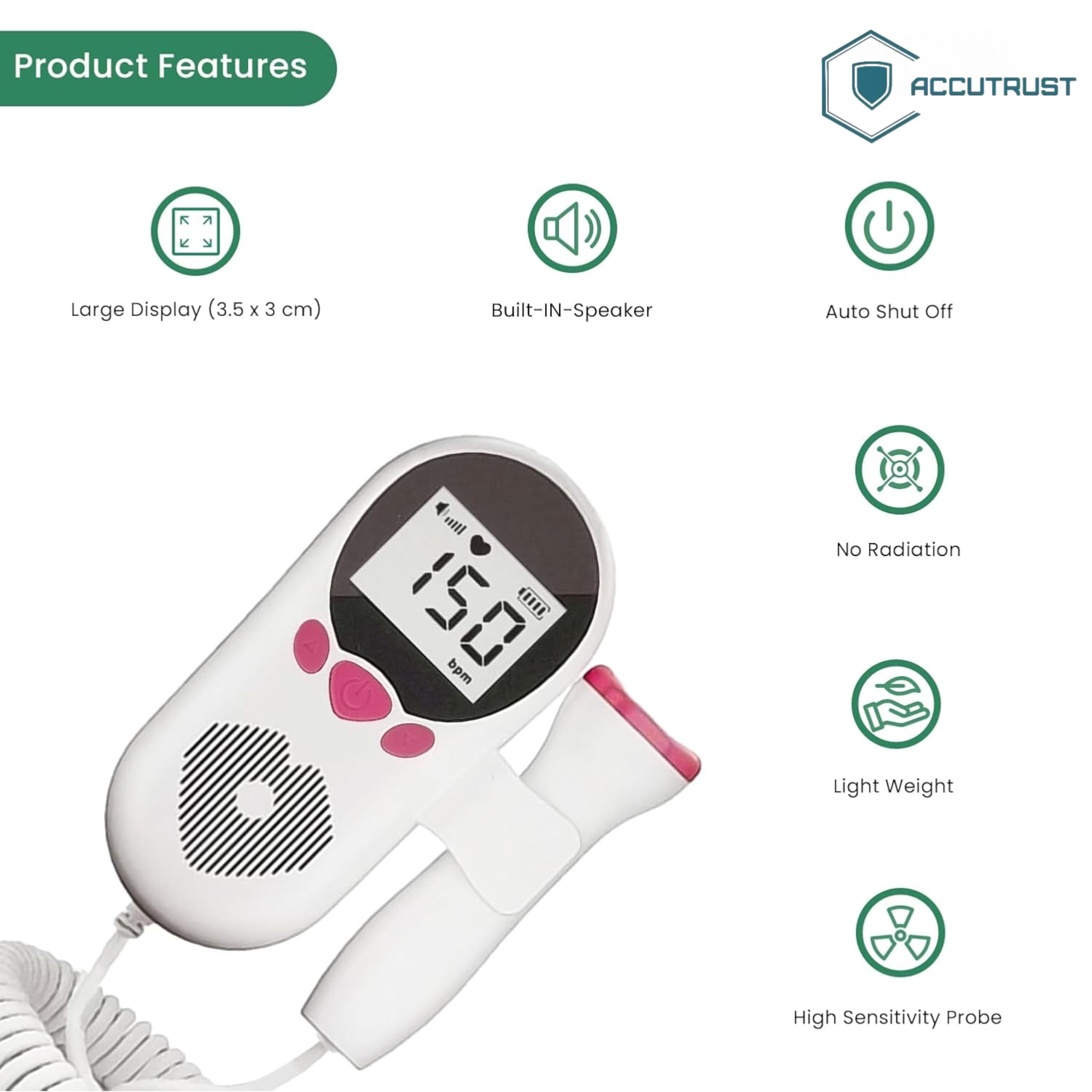 ACCUTRUST Fetal Doppler for Doctors and Mothers Fetal Heart Rate Monitor with LCD Display White Pink 4