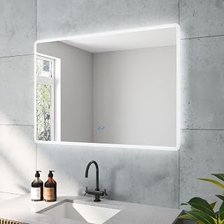 AQUABATOS BORAS-Serie Badspiegel mit indirekte LED Beleuchtung 100x70 cm Badspiegel Eckig Beleuchtet Antibeschlag beheizt Touch Schalter Dimmbar LED Lichtfarbe Kaltweiß 6400K
