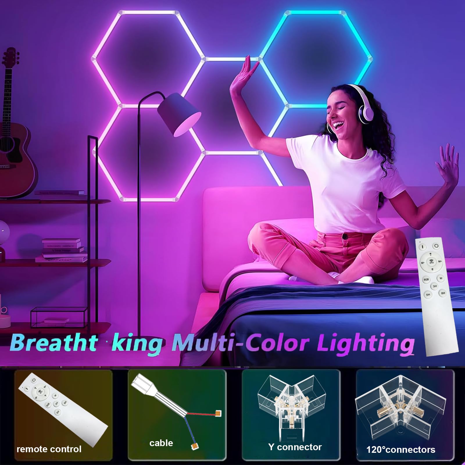 Lámpara de techo hexagonal RGB hexagonal LED con multicolor, luz de garaje de panal RGB, regulable y velocidad ajustable, modos de música para sala de juegos, bar, fiesta, gimnasio