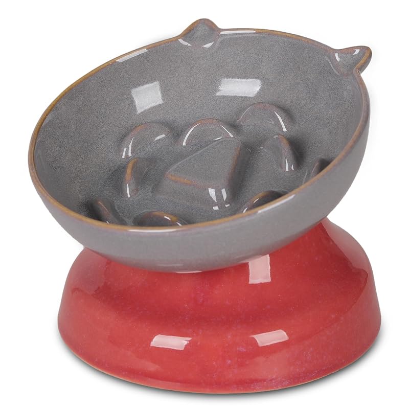 Comedouro Lento para Gatos de Cerâmica, Inclinado a 15 Graus, Cinza KittyDine