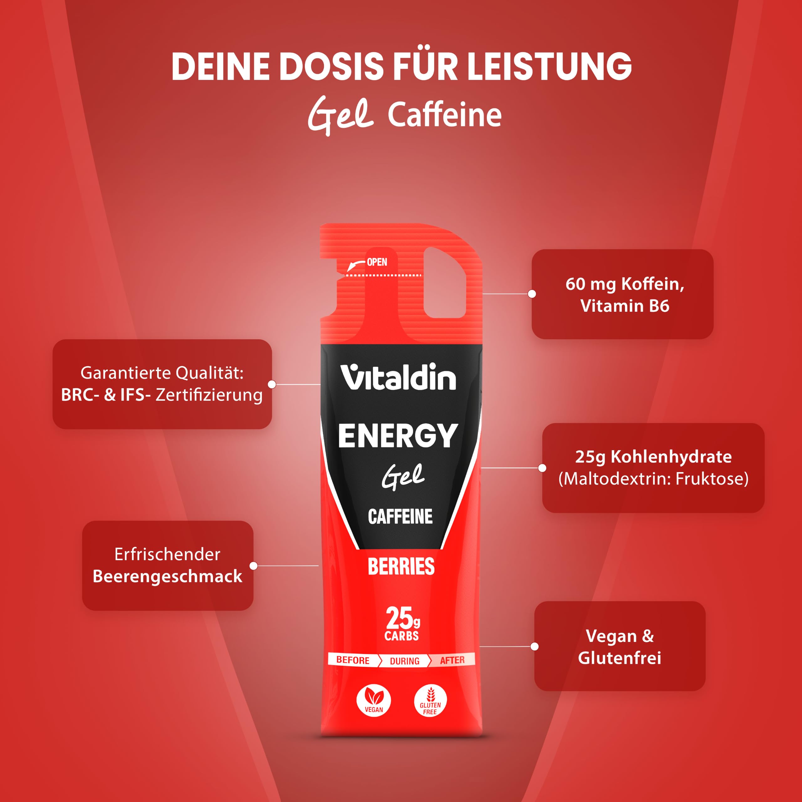 VITALDIN SPORT Energy Gel Caffeine – 24 Gels x 40 g – Energiegel mit Beerengeschmack – 60 mg Koffein & Vitamin B6 – Schnelle Energie & allmähliche Freisetzung – Running, Radfahren & Sport di Ausdauer…