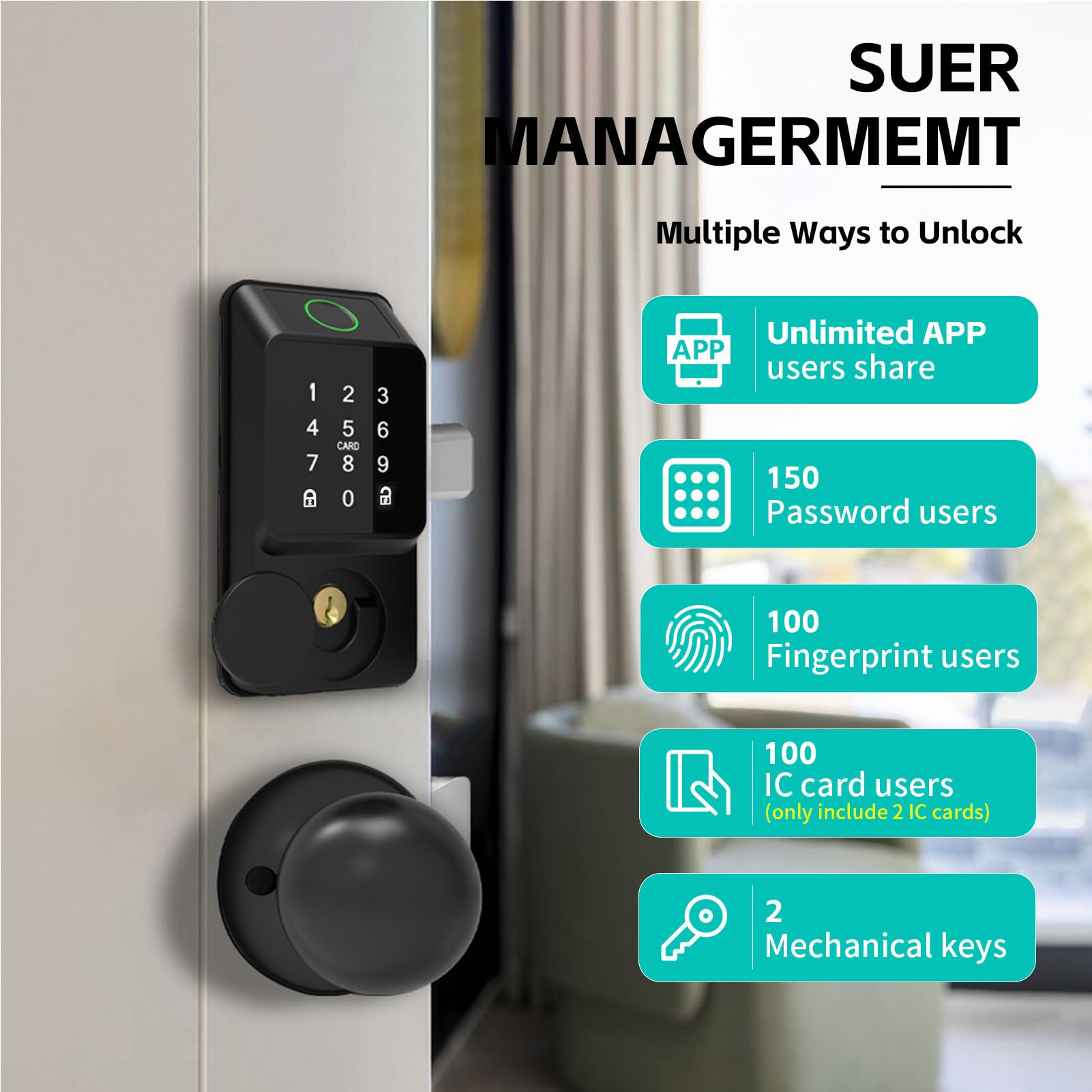 Serratura per porta con impronta digitale con accesso remoto tramite APP WiFi, ingresso senza chiave per porta in vetro senza telaio Chiusura con gancio in lega di alluminio