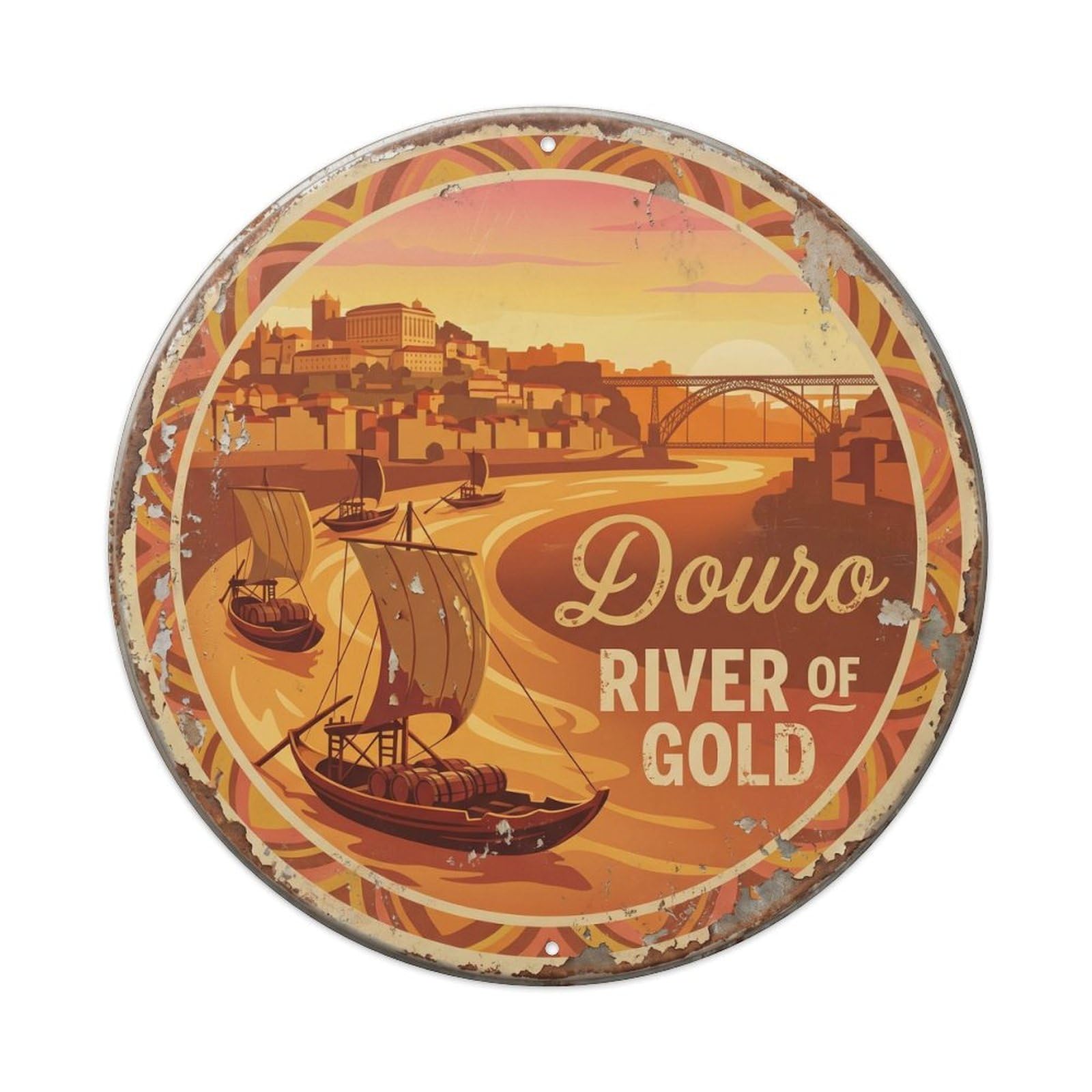 Douro Golden Bedroom Waterway Metal Tin Sign Plaque Wall Decor for Cafe, Club Bar, Office, Home Garden Round Metal Poster 8x8Inch