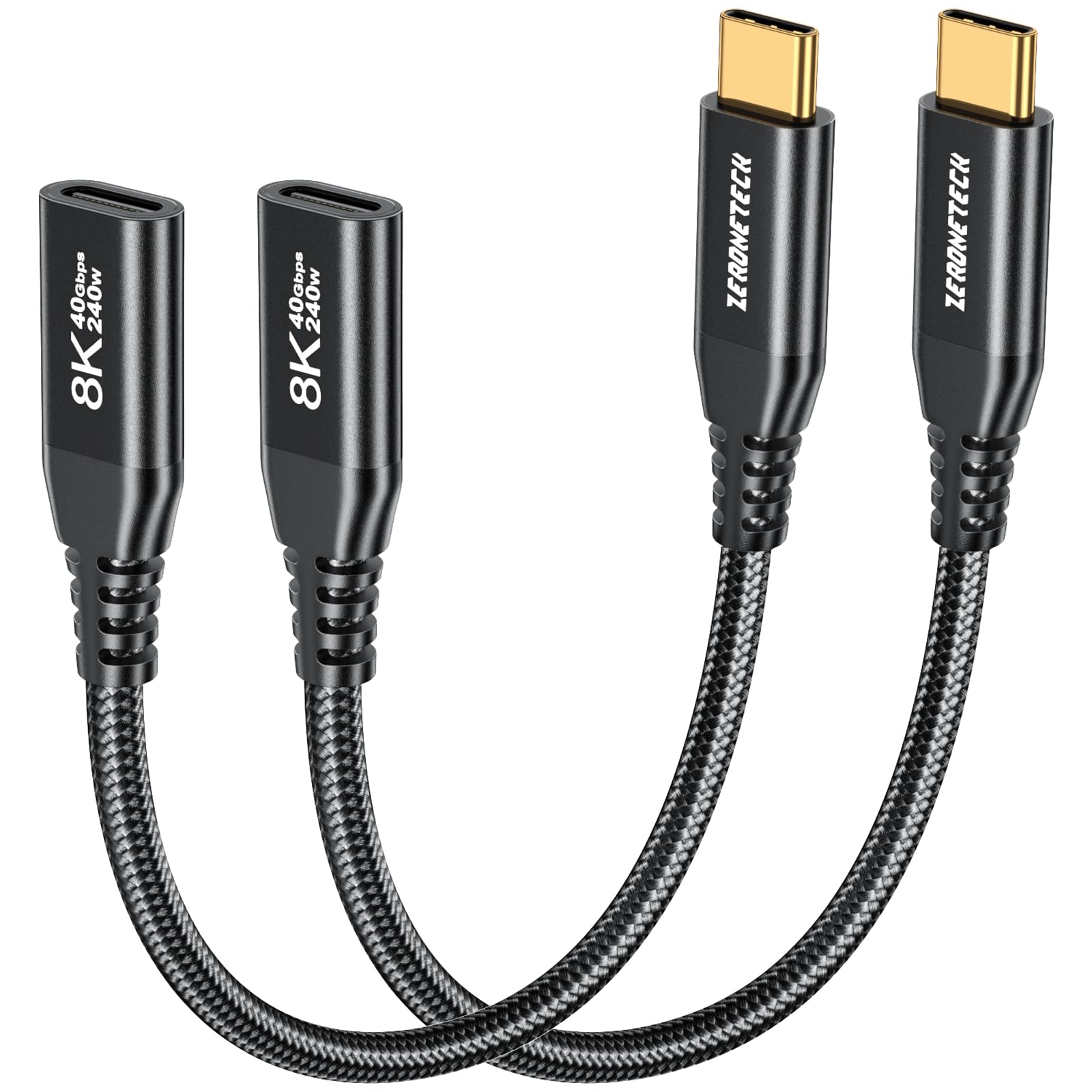 Short 40Gbps USB C Data Transfer Extension Cable [1FT, 2-Pack], 8K@60Hz Type-C Video Extension Cable for Thunderbolt 4, 240W Charging USB 4 Extension