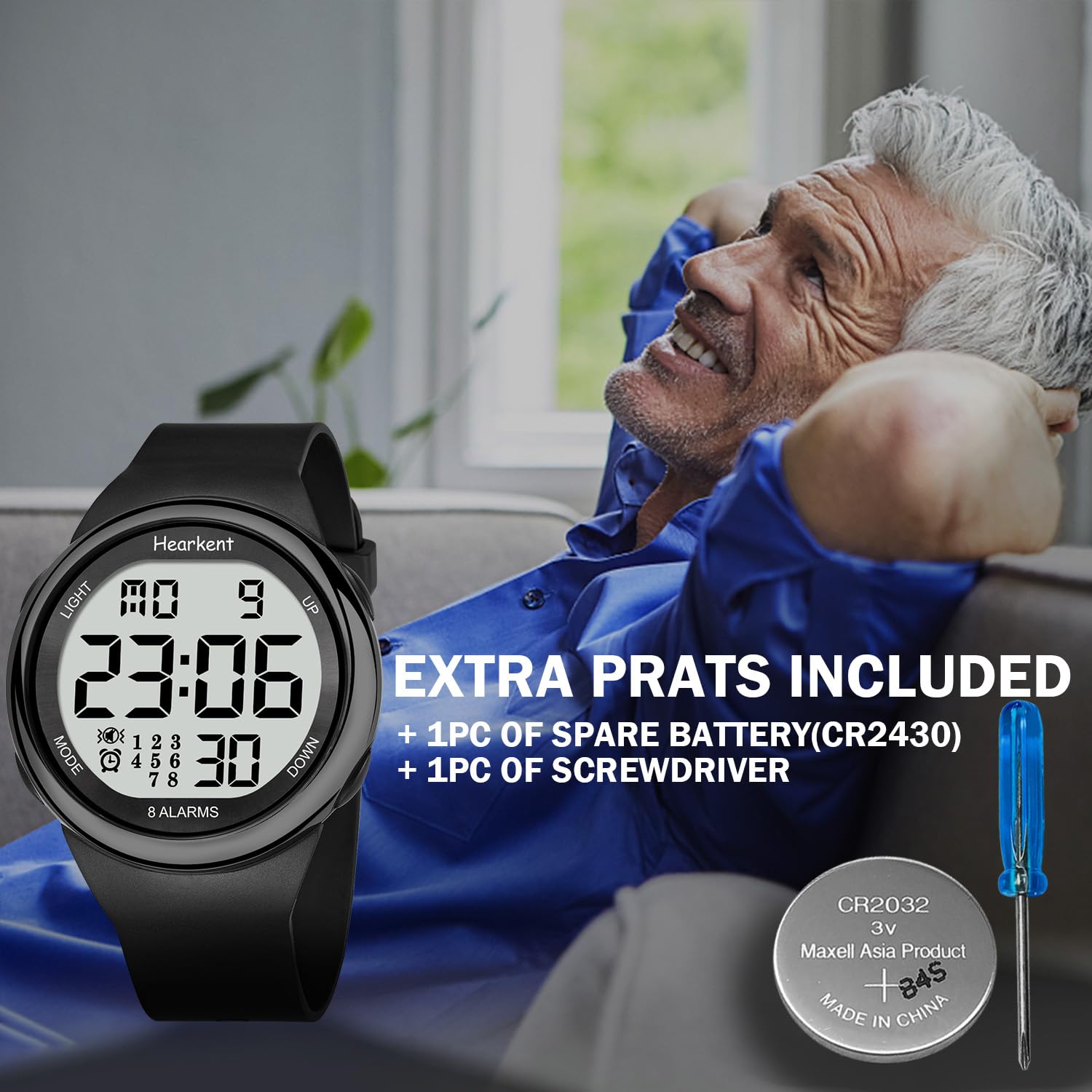 Hearkent Orologio impermeabile con 8 allarmi vibranti per medicine e pillole promemoria per anziani LCD grandi numeri con retroilluminazione..