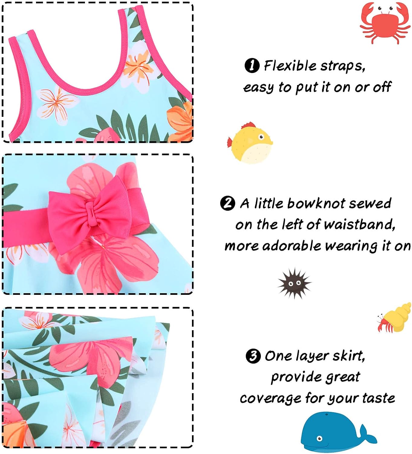 Girls Swimsuit One Piece UPF 50+ Floral Skirted Bathing Suit Modest Beach Swim Dress 3-11 Years - Image 3