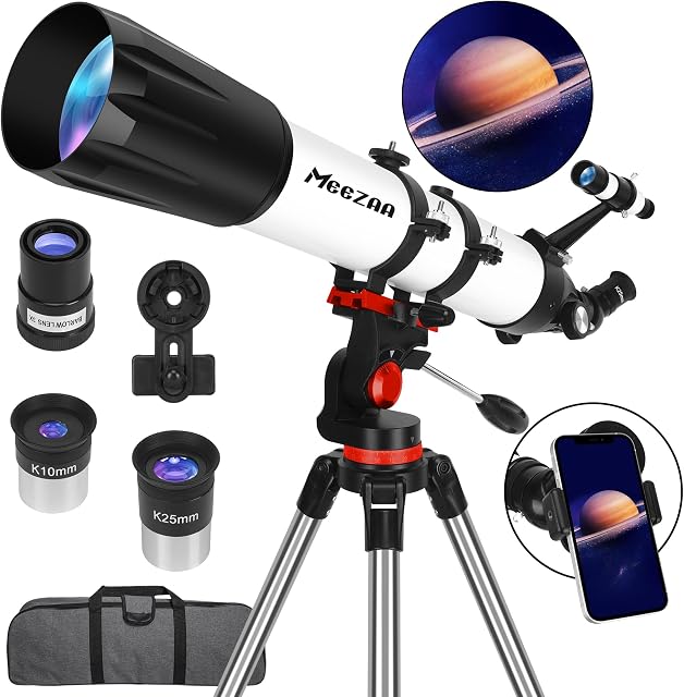 MEEZAA Telescope for Adults Astronomy Professional, 90mm Aperture 800mm Portable Refractor Telescopes for Beginners, Travel Télescope with AZ Mount Stainless Tripod & Carrying Bag & Phone Adapter