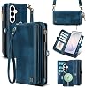Funda magnética tipo cartera cruzada para Samsung Galaxy S26, azul | Funda de cuero PU desmontable 2 en 1, con bloqueo RFID, bolsillo con cremallera, correa de muñeca, protección completa a prueba de golpes 1