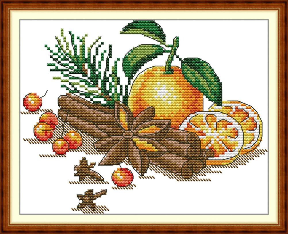 Meecaa Cross Stitch Kits 14 Count Stamped, Orange Berry Embroidery Kit with Accessories Pre Printed（21×18CM (Orange)