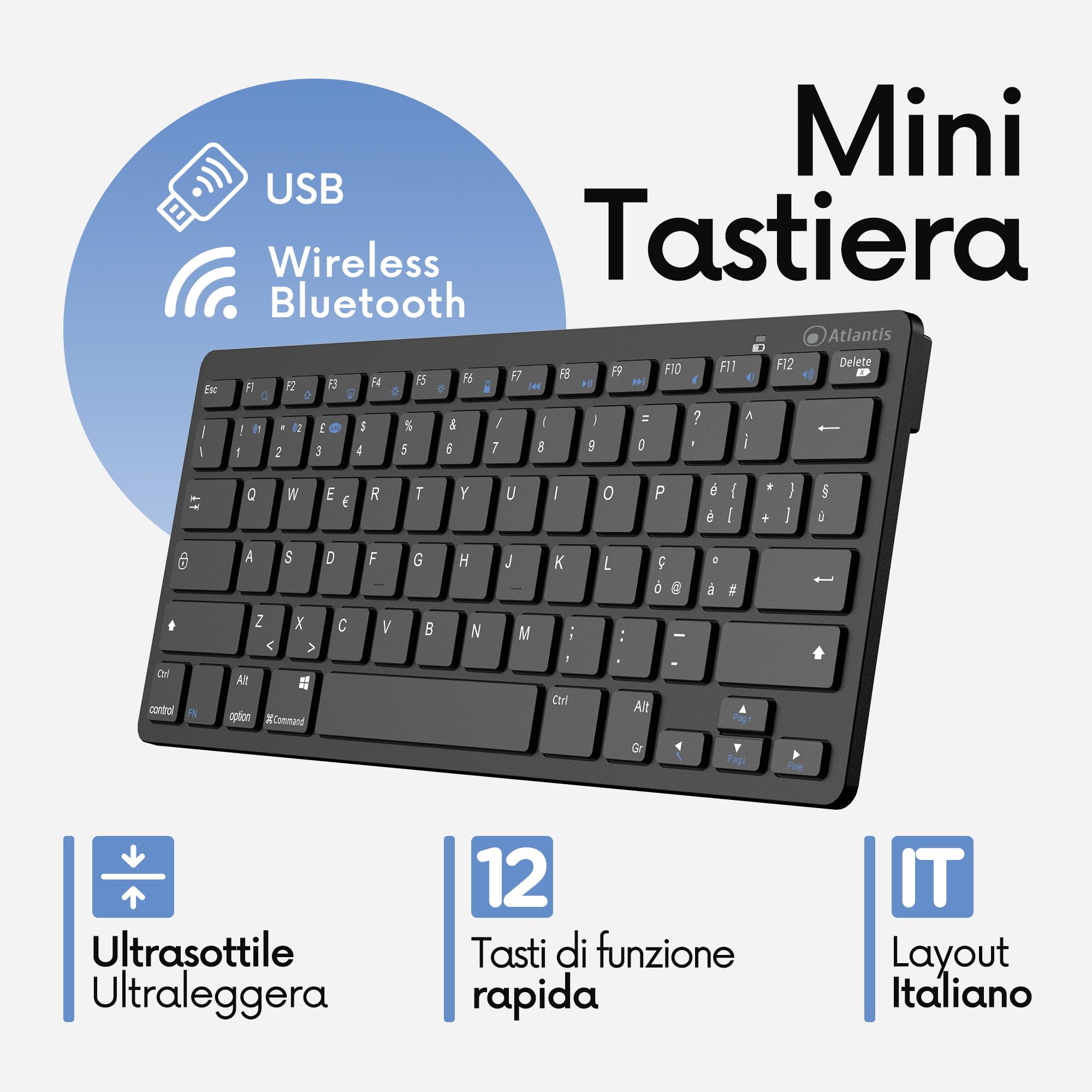 Atlantis ARGO 900 Mini Ultraslim klawiatura bezprzewodowa RF + Bluetooth, QWERTY 78 klawiszy czekoladowych do PC/notebooka/smartfona, tabletu/iOS/Android, kolor czarny