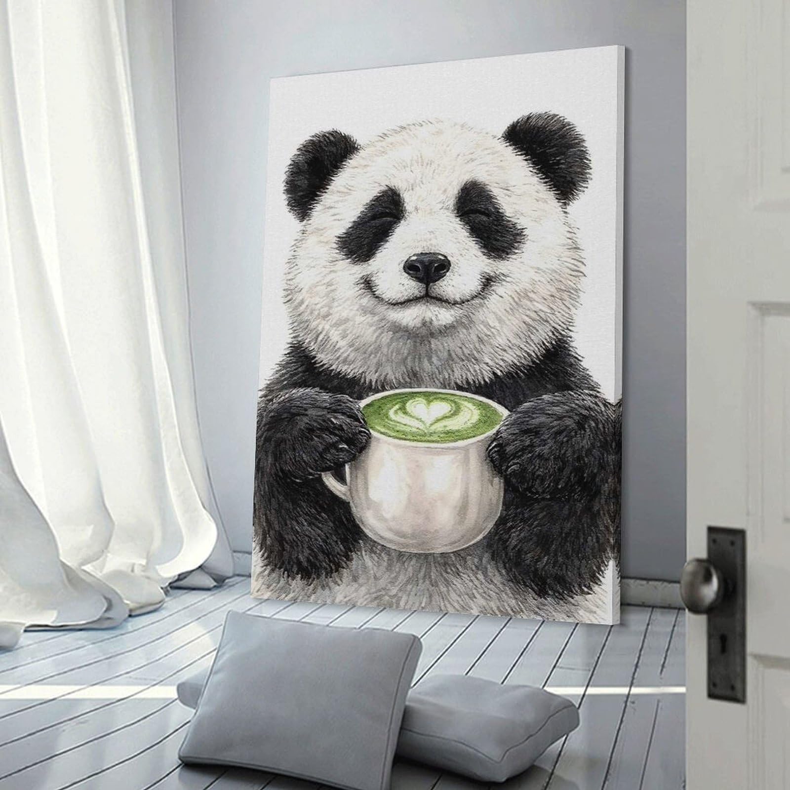 Junmoney Home Decor Wall Art Panda Holding Matcha Latte, 24x36inch(60x90cm), for New Homes, Bedrooms Or Workspaces, Home Decor Gift with Stylish Appeal
