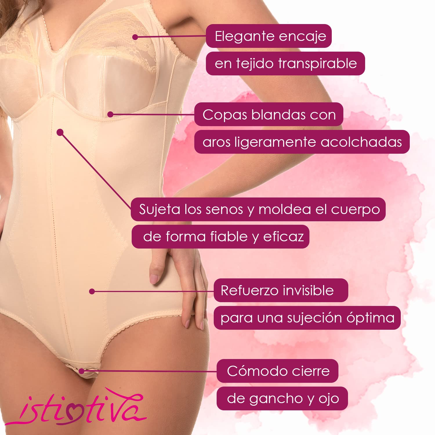Rossella - Body Mujer Reductor y Moldeador con Elegante Encaje de Alto Confort - Copas Blandas no Acolchadas