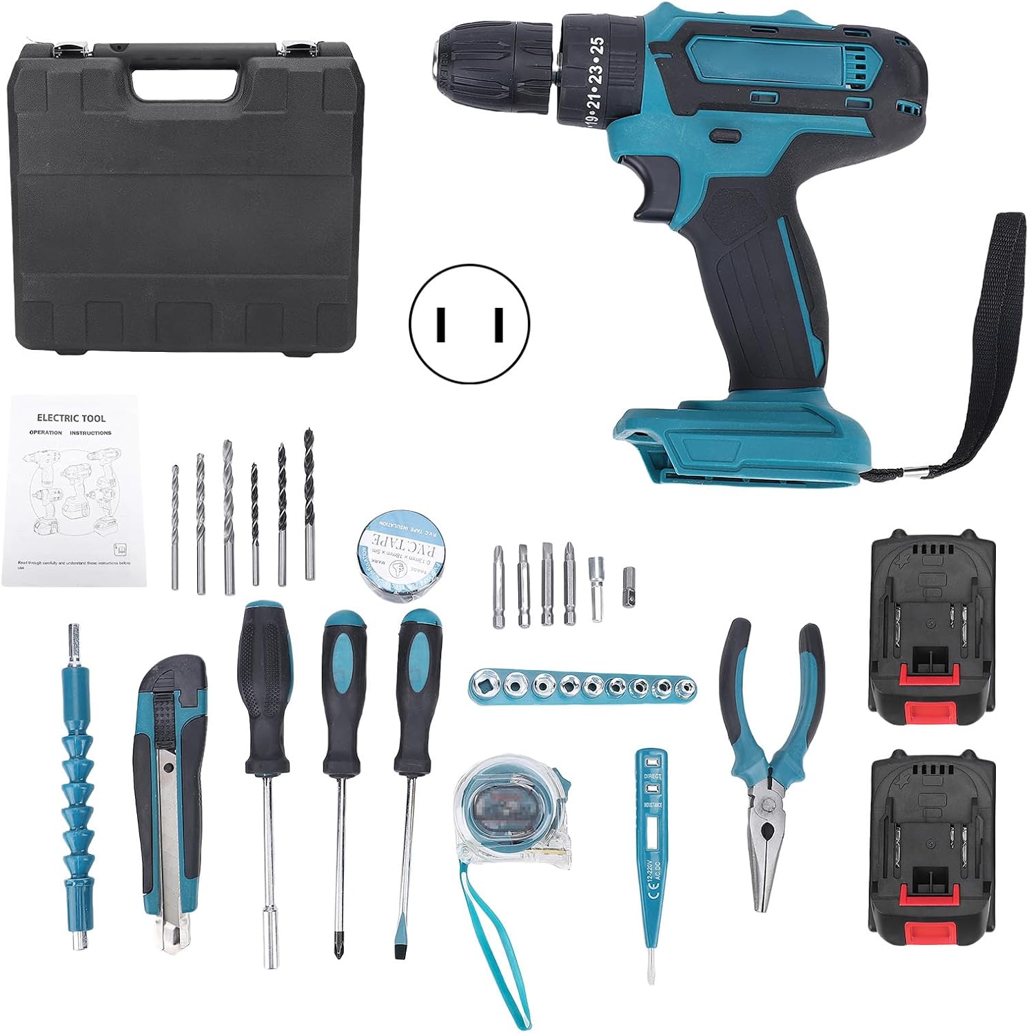 Hilitand Cordless Drill, 21V Impact Driver Kit with 2 Batteries 1300mAh 35N.m Torque 1280RPM Stepless Speed Control 10mm Drilling, for Home Repairs Woodworking (US Plug)