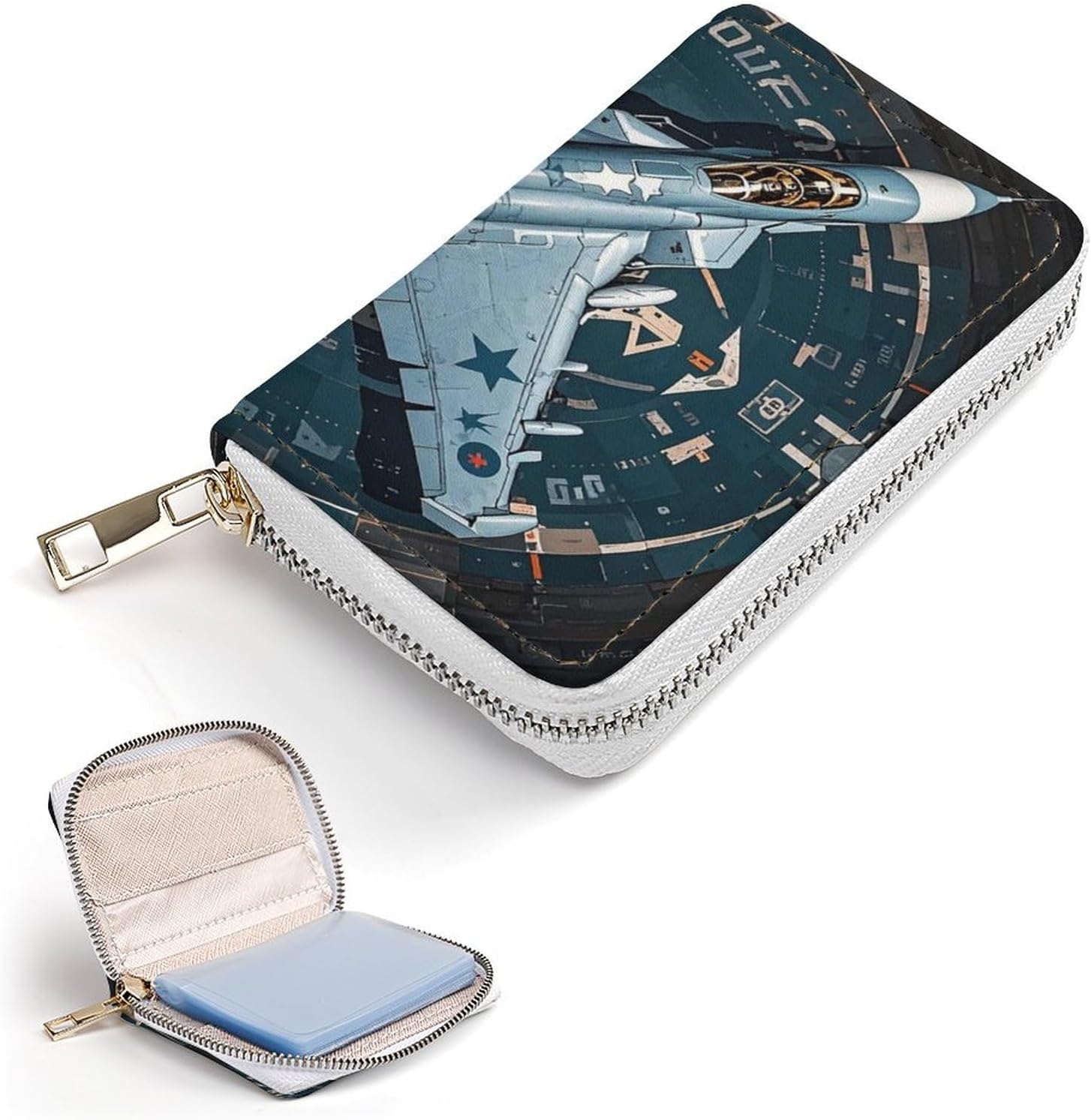 Leather Card Organizer Case Card Wallet Credit Card Holder Air Force Fighter Jet Printed Zipper Card Cases Holder for Women Men