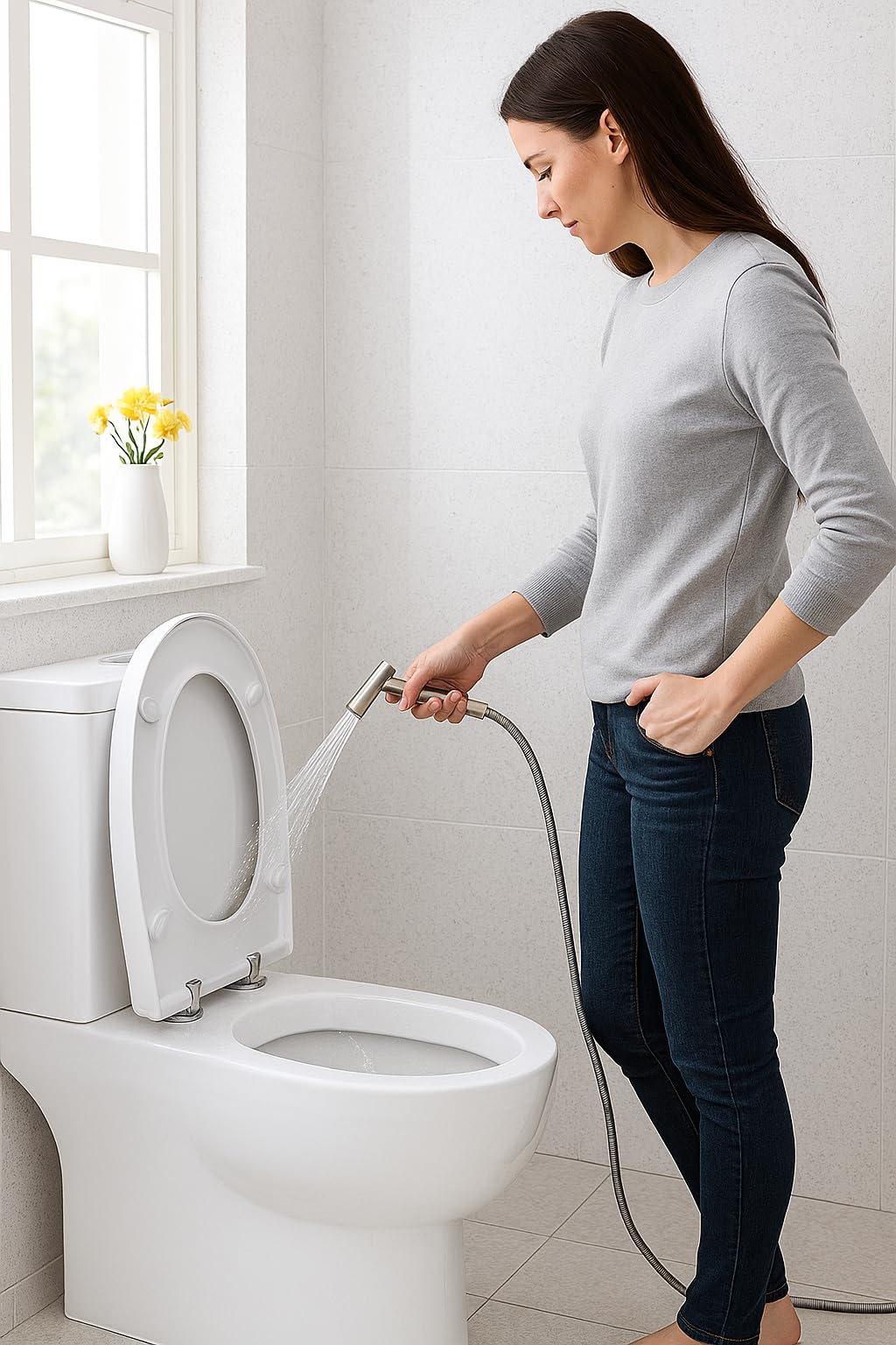 BbfStyle - Marque Française - SUS 304 Double Jet - Standard Français (3/8") - Kit douchette WC pour l'hygiène intime avec Vanne 3 voies - Métallique - Finition Nickel Brossé - Taharet Taharat