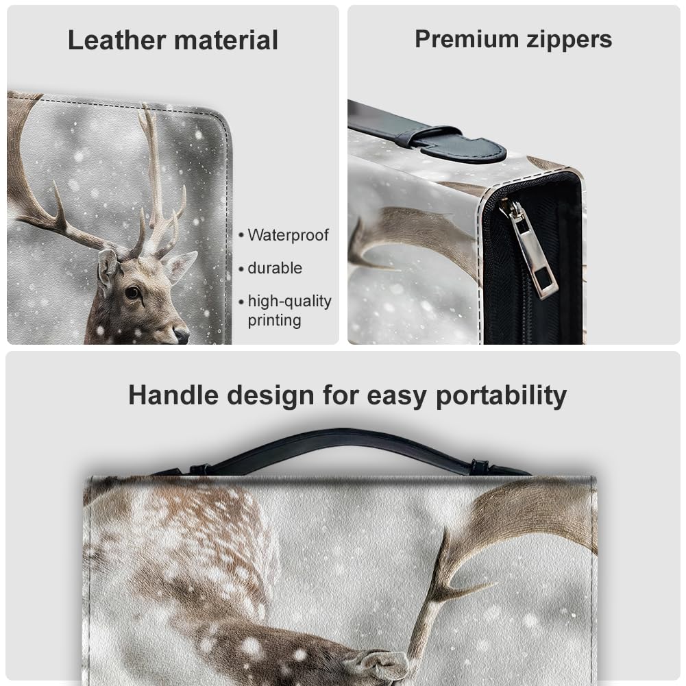 Hobbspring Bible Holder Case for School Office Deer Bible Protective with Handle Bookmark Snow Scene Bibles Cover with Zipper and Label Stickers for Students Adults Grey PU Leather Bag - Image 4