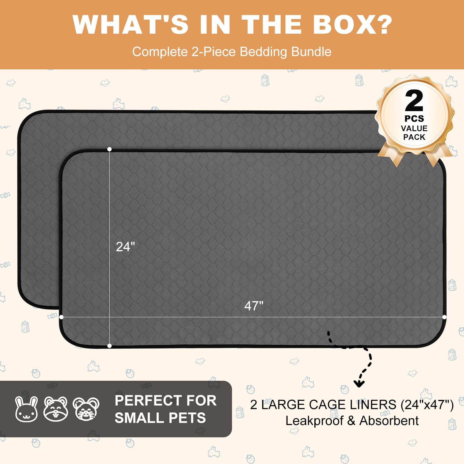 2 Pack Guinea Pig Cage Liners, Washable Guinea Pig Pee Pads Waterproof Reusable & Anti Slip Guinea Pig Bedding Fast and Super Absorbent Pee Pad Tarp Bottom for Small Animals (Dark Grey 24" X 47") - image 2