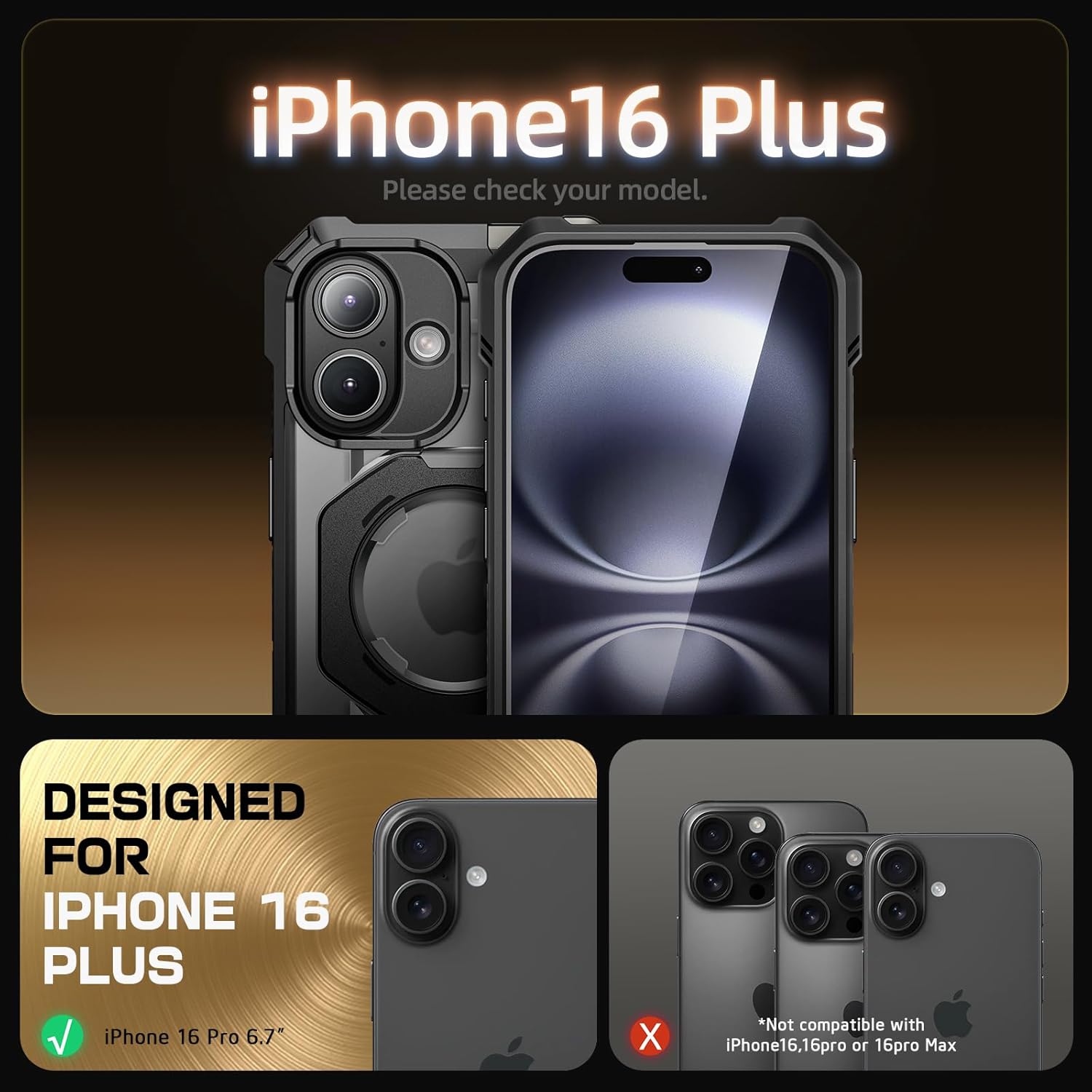 SUPCASE for iPhone 16 Plus Case with Camera Control Capture Button (Unicorn Beetle Grip), [Compatible with MagSafe] [Built-in Stand] Heavy Duty Magnetic Phone Case for iPhone 16 Plus 6.7", Black