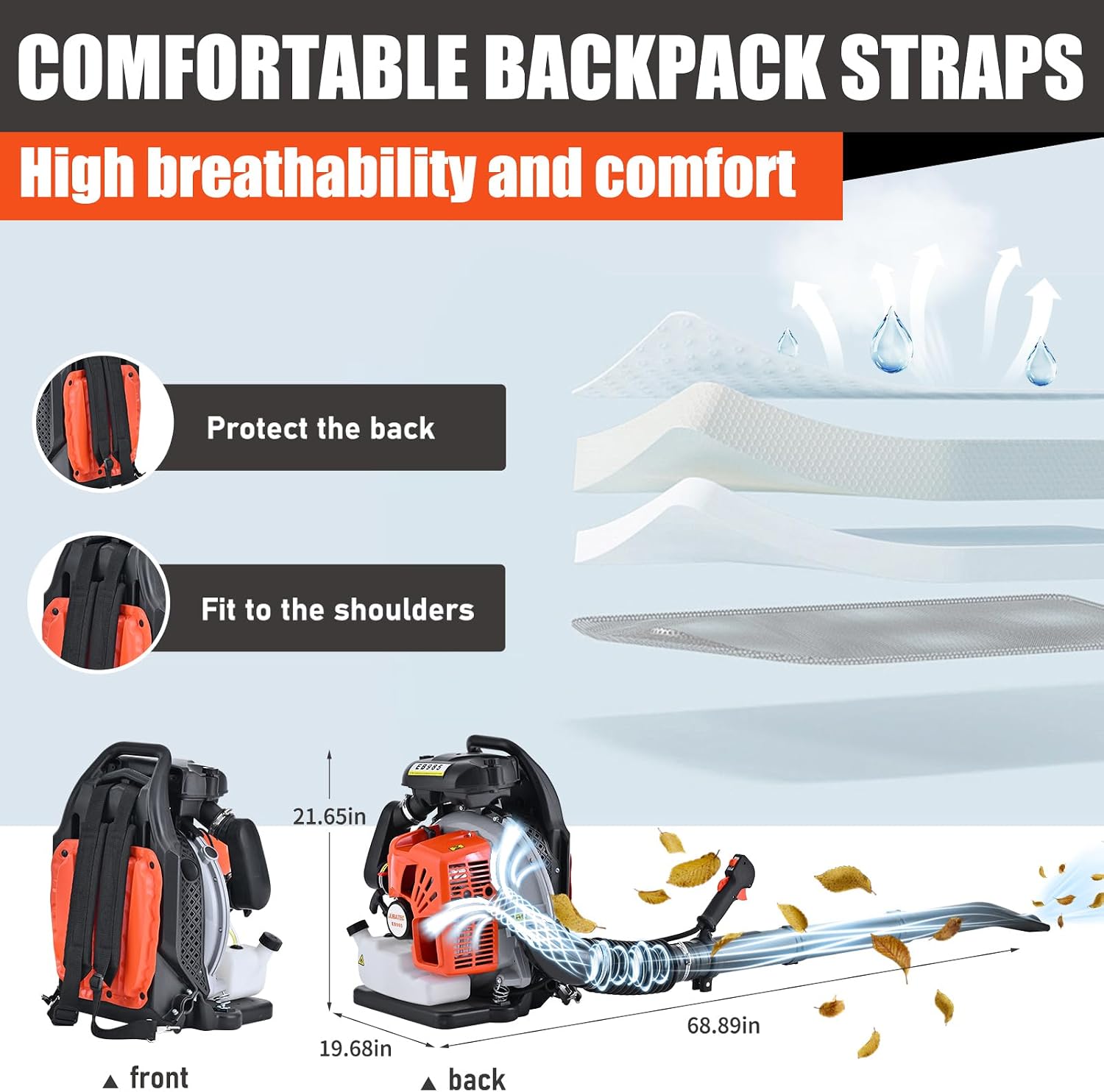 65CC Backpack Gas Powered Leaf Blower 884 CFM 3.8 HP 2-Cycle Grass Lawn Blower Air Cooling, Low Vibration and Ergonomic Design for Outdoor Garden Yard Cleaning and Snow Removal