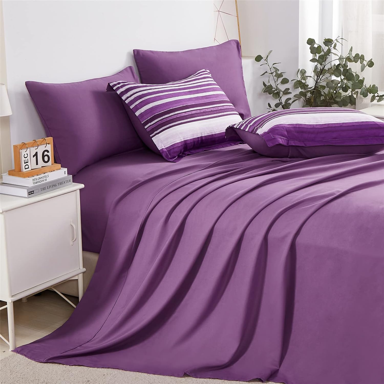KAKIJUMN 7 Piece Bed in a Bag Stripe Comforter Set Full Size, White and Purple Patchwork Striped Comforter and Sheet Set, All Season Soft Microfiber Complete Bedding Sets(Purple,Full) - Image 4
