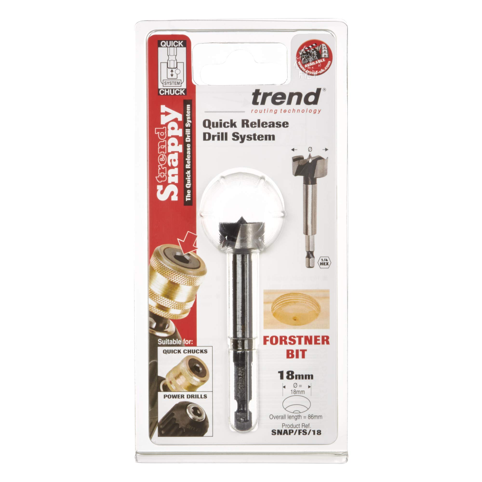 Trend Snappy Punta Forstner Diametro 18mm per Foratura in Legno Tenero e Duro, Compatibile con Sistema a Rilascio Rapido, SNAP/FS/18