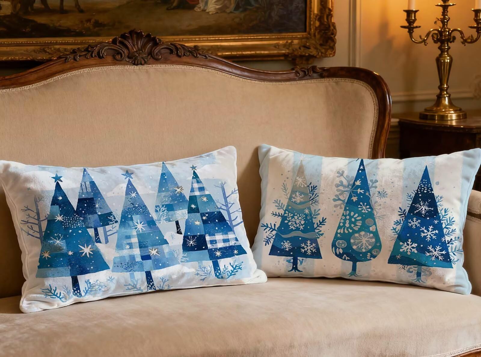 Housse de coussin arbre de Noël 60x80cm velours bleu taie oreiller rectangulaire
