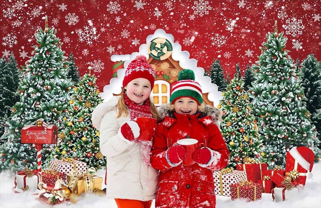 8x6ft Christmas Gingerbread Backdrop Red Gingerbread House Photo Background for Photography Winter Snow Christmas Tree Candy Backdrop Xmas Holiday Party Decorations Family Photo Shoot Props