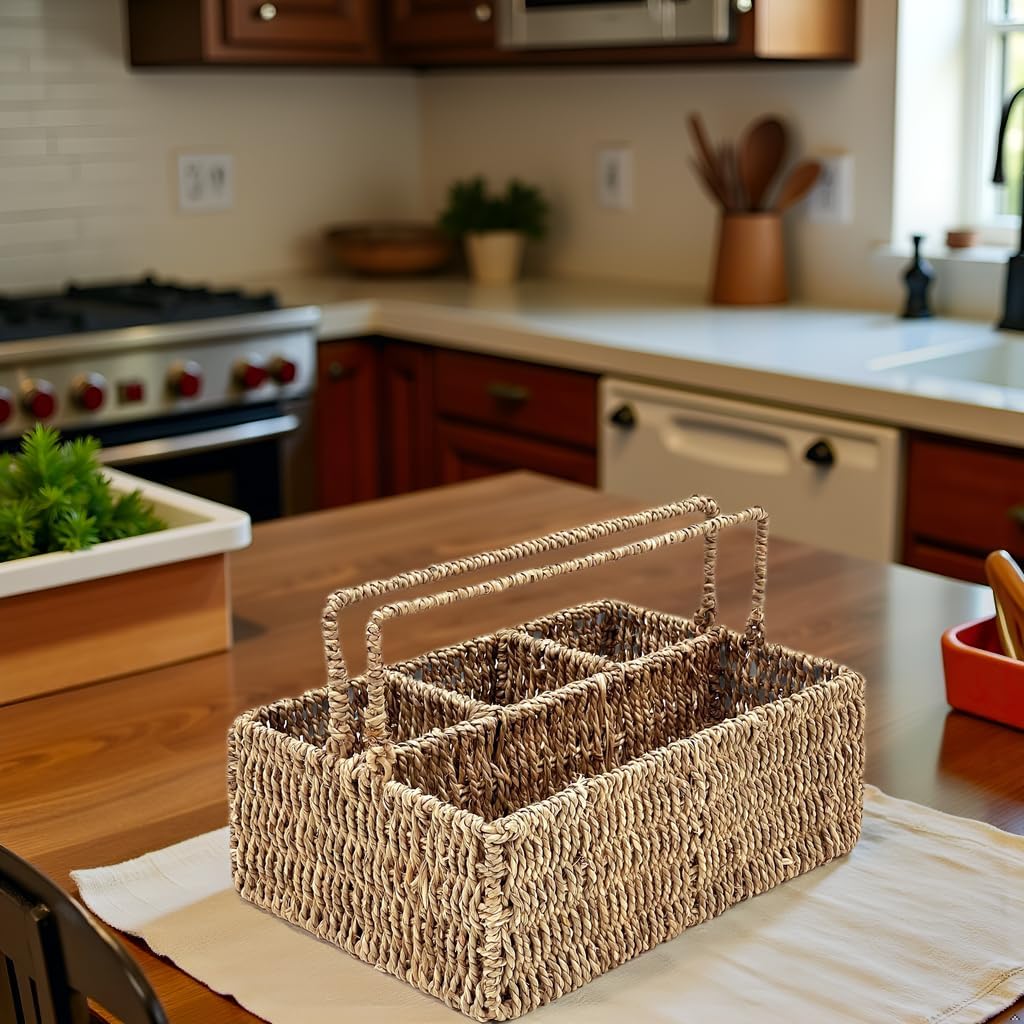 PEMAR Large L-Sized Hand Woven Utensil Caddy Carrier, Natural Jute Wicker Condiment Holder for Table, Kitchen Set Counter Top Silverware Organizer, Rustic Storage Forks, Spoons (Seagrass)