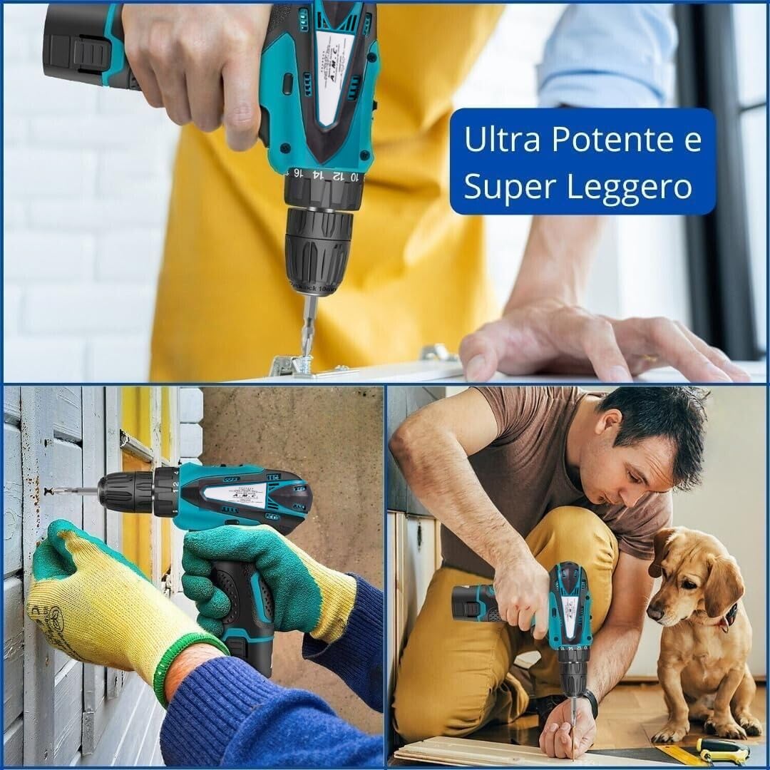 AMC Coppia Trapano Avvitatore a Batteria Professionale 18V, Avvitatore a Batteria con 2 Batterie, 2 Velocità, 17 Accessori, Luce a LED, Mandrino Autoserrante con Impugnatura Ergonomica, Per fai da te
