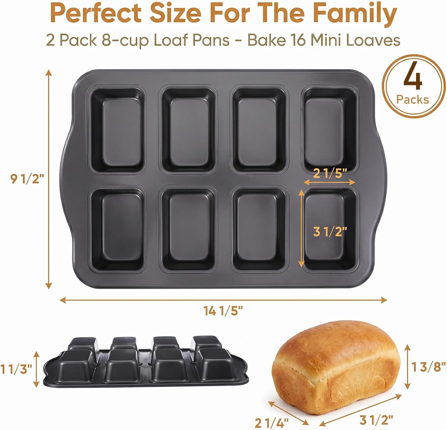 4Pcs Mini Loaf Baking Pans 8-Cavity, Nonstick Small Cornbread Pan