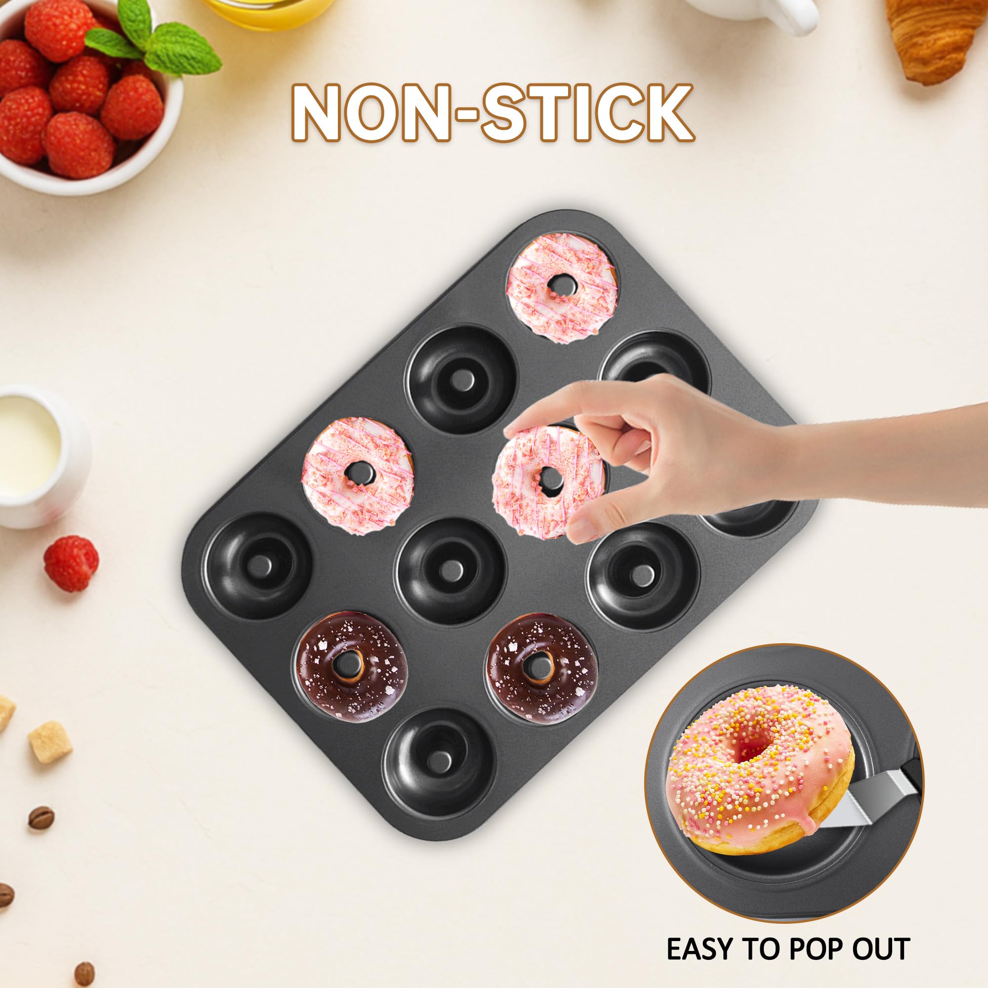 2 moldes para donas para hornear, bandeja antiadherente para donas de 12 cavidades, bandejas de acero al carbono para mini bagels y pasteles, donas para hornear horno (negro) 2