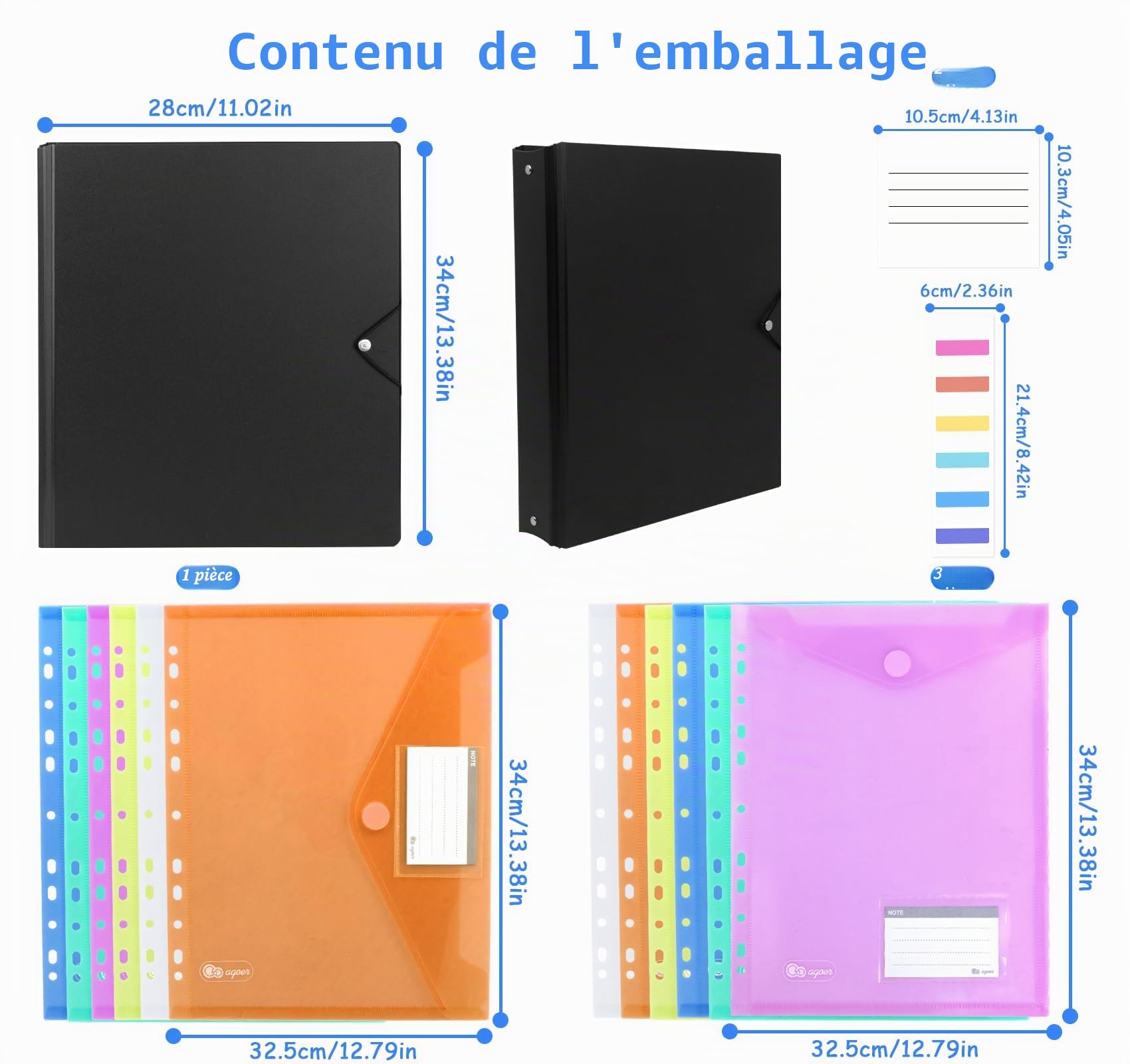 Agoer Classeur à Anneaux A4 noir avec 12 Pochettes Plastique en 6 Couleurs, Intercalaires en Plastique, étiquettes Inscriptibles et Porte-cartes, Présentoir Parfait pour les Présentations, Organiseur