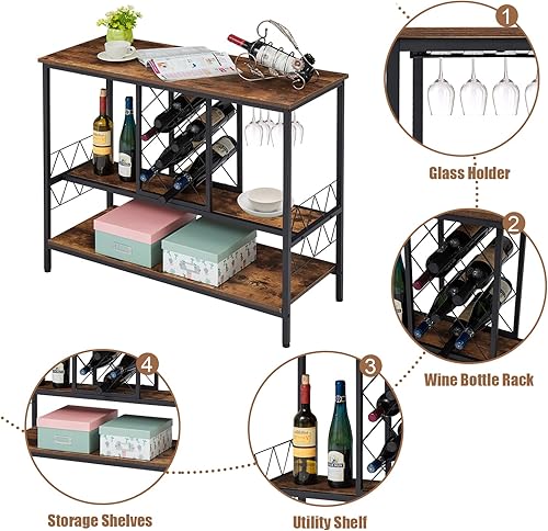 Miniatura 8 de KINTNESS Mesa de estante para vino gabinete industrial de barra de vino con soporte para vasos estante de almacenamiento de licor barra de gabinete