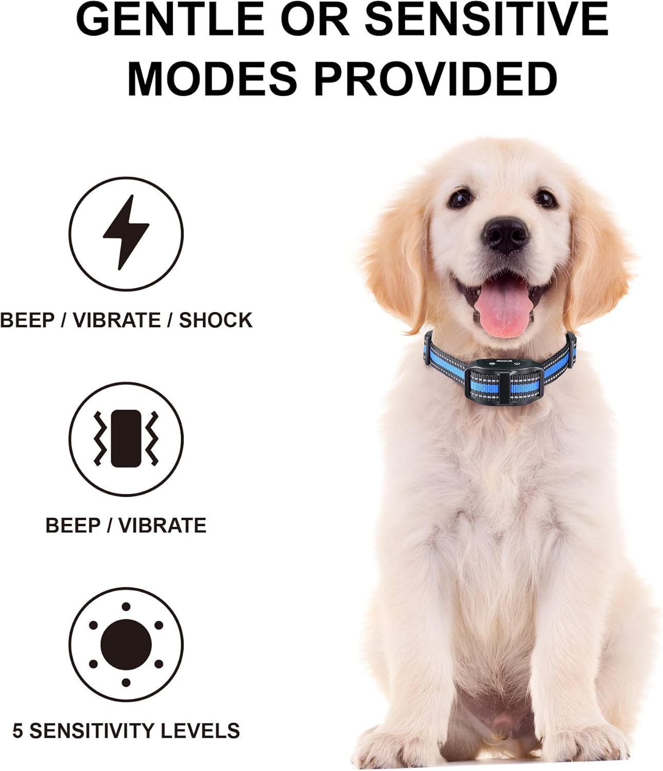 Bark Collar MODUS Dog Bark Collar Rechargeable Shock Anti Bark Collar with Beep Vibration Dog Shock Collar for Small Medium Large Dogs, Humane Dog Training Device with 5 Adjustable Sensitivity Levels : Pet Supplies